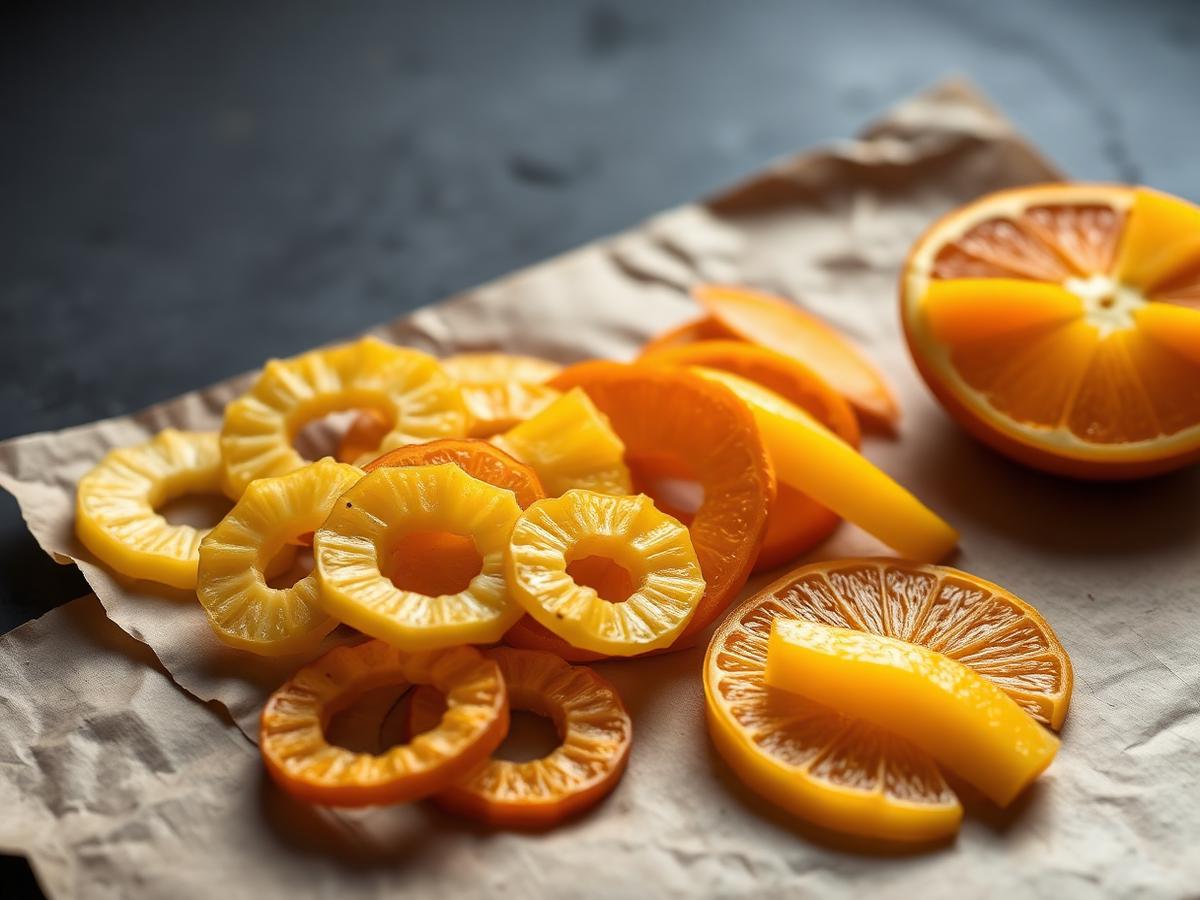 Frutas deshidratadas: piña, mango y naranja sobre papel kraft